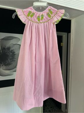 Pink Smocked Flutter Dress with Lime Green Embroidery